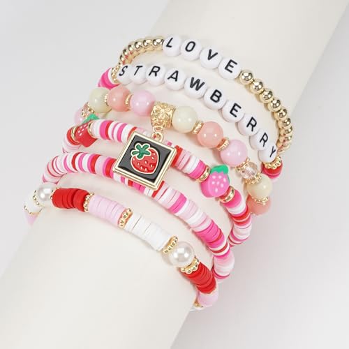 Twinfree Bohemian Cute Fruit Banana Cherry Strawberry Pineapple Mango Polymer Clay Beaded Stackable Stretch Bracelets - color: Color 2