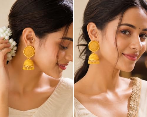 Sunflower Jhumka Jhumki Earrings with Pearl Drops for Ethnic and Wedding Wear, Anniversary, Daily Wear, Indian - color: Yellow