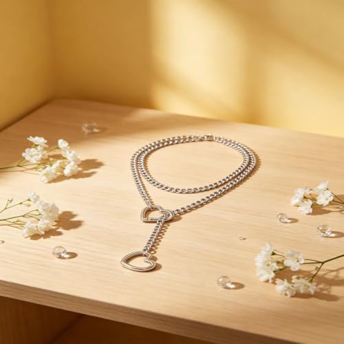 Heart Slip Chain Necklace for Women, 36 Inch Gothic Punk Cuban Chain, Removable Black Heart O-Ring, Detachable Heart Pendant, Adjustable Stainless Steel Y-Necklace. - color: Silver Heart-2