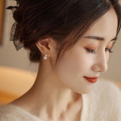 Bi&Yamigeo Mini Double Pearl Drop Stud Earrings,White Round Dangle Jewelry