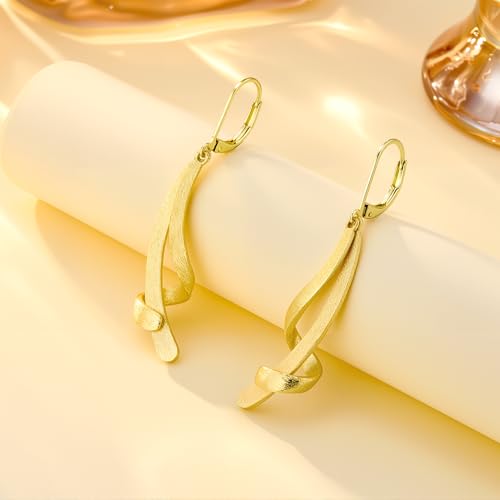ALEXCRAFT 14K Gold/Silver Twisted Brushed Tassel Dangle Earrings for Women | Hypoallergenic Elegant Lightweight Long Twisted Tassel Dangling Drop Leverback Earrings for Women Trendy Jewelry Gifts in Box - color: Brushed_Gold