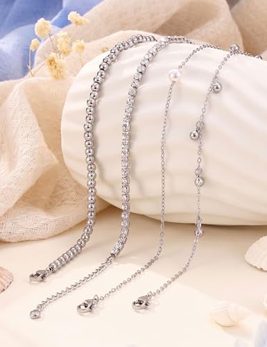 Subiceto Ankle Bracelets for Women Waterproof - 14K Gold Plated Non Tarnish Anklets Set Dainty Stainless Steel Stackable Layered for Beach Summer Jewelry Adjustable - color: 4Pcs CZ-Silver