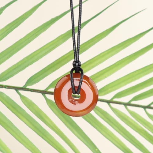 Anjiucc Natural Gemstone Pendant Necklce Lucky Coin Crystal Necklace Donut Pendnat with Adjustable Rope Healing Crystal for Men - color: Red Agate