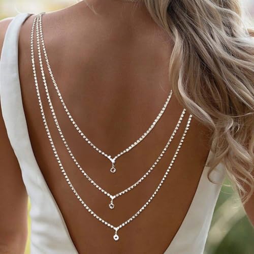 Rhinestone Layers Back Necklace Chains for Backless Dress Shinny Bridal Wedding Shoulder Body Jewelry for Women Back Body Chain - color: Silver