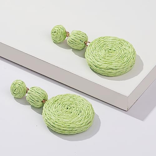 Statement Raffia Boho Round Dangle Ball Earrings - Cute Handmade Summer Bohemian Dangling Jewelry for Women - color: Lime Green
