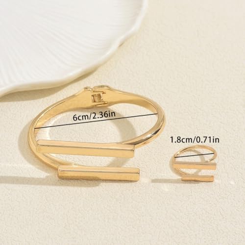 Gold Minimalist Bangle Bracelet and Ring Set for Women, Geometric Double Bar Open Cuff Hinged Bracelet, Modern Fashion Jewelry Gift
