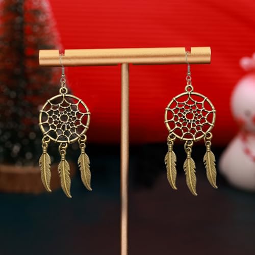 Blue Turquoise Dream Catcher Feather Earrings for Women Vintage Bohemian Western Jewelry - style: Gold Dream Catcher