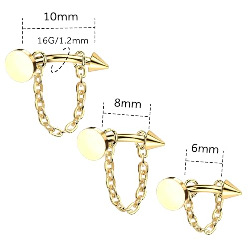 3 Pcs 316L Stainless Steel 16G Tragus Helix Rook Piercing Jewelry with Chain, Cartilage Earrings for Women, Belly Button Ring Vertical Labret Lip Piercing Jewelry - color: Gold, size: Disc