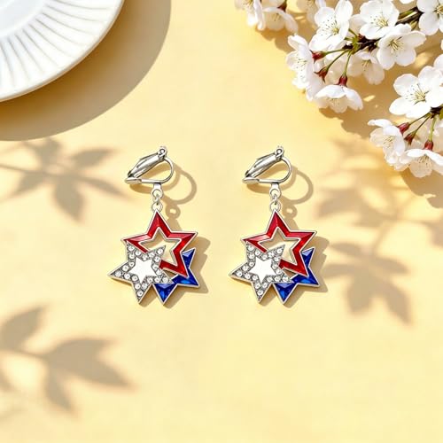 4th of July Independence Day Clip on Earring for Women American Flag Dangle Earrings Patriotic Red White Blue USA Earring, Pave Crystal Stud - color: Blue star