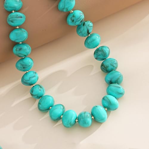 Colorful Chunky Beaded Necklaces for Women Multicolor Large Round Resin Beads Collar Necklace Boho Trendy Statement Chokers Y2K Summer Beach Jewelry - color: Turquoise-Oval