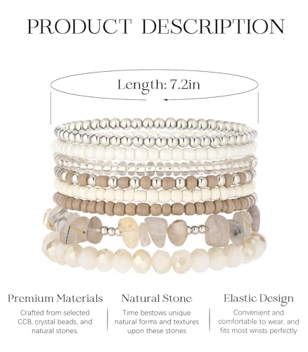 Noessla Boho Beaded Bracelets for Women Stackable Irregular Natural Stone Bead Stretch Bracelet Set 8PCS Costume Jewelry Gifts for Her - color: Beige