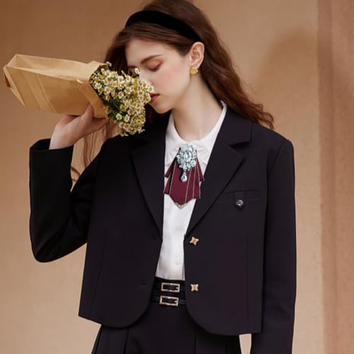 Crystal Bow tie Brooches Collar Pin Jewelry ribbon Fabric Bowknot Pre Tied Neck Tie For men Women wedding bridegroom - color: Dark Red