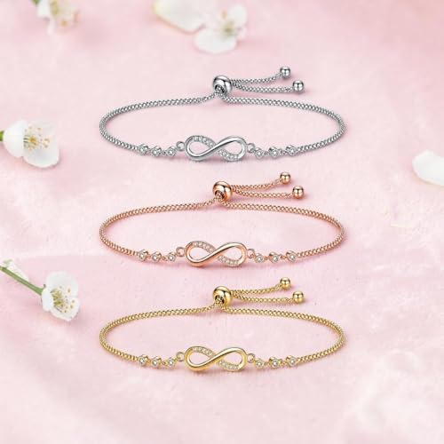 Nilu's Collection Infinity Shape Cubic Zirconia Diamond Bracelet for Women, Jewelry for Gift, Adjustable Charm Bracelet (Rose Gold Necklace + Bracelet) - color: 3 Bracelets Combo