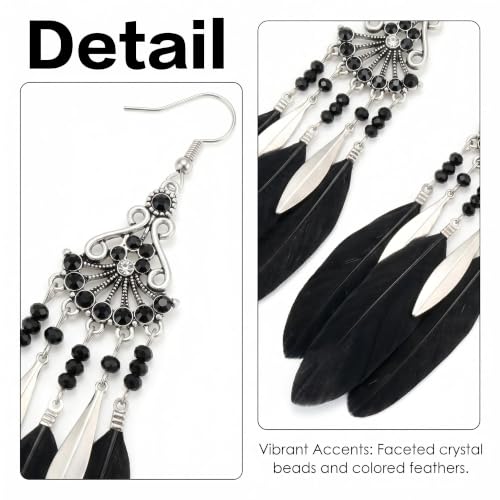 FRESHME Feather Earrings for Women - Native American Jewelry Boho Dangle Ethnic Indian Ear Drop for Music Festival Birthday - color: Black