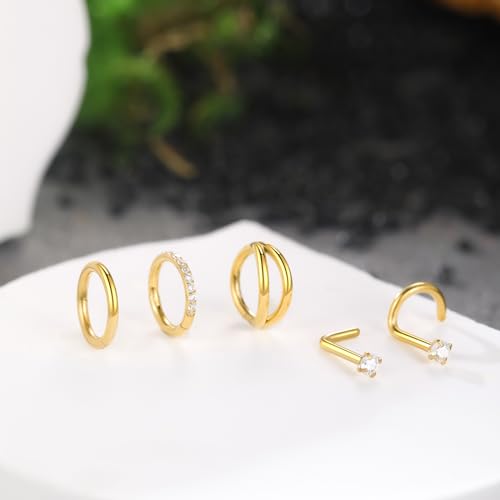 Xpircn 5pcs Hoop Nose Rings and L Shaped Nose Rings Stud Set 18G/20G Stainless Steel CZ Helix Conch Daith Tragus Cartilage Hoop Earrings for Women 6mm 7mm 8mm 10mm - color: Gold, size: 18G, 6mm hoop & 7mm studs