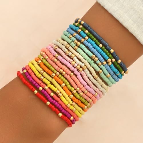 Cute Handmade Colorful Tiny Seed Beads Stackable Bracelets Set Bohemian Gold Beaded Elastic Multilayered Stretch Bracelet for Women Rainbow Surfer Boho Beach Jewelry - style: Set A