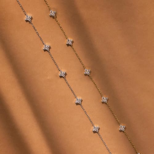 Dainty Silver Gold Necklaces for Women Cute Station Choker Simulated Diamond Necklace Simple Layering CZ Necklace Trendy Jewelry Gifts - color: Silver, style: Flower