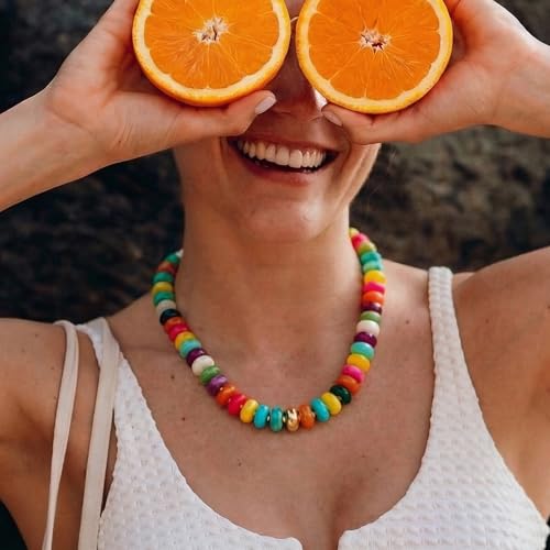 Beaded necklace for Women Boho Bead Gemstone Chunky Necklace Big Bead Necklace Fashion Trendy Summer Necklaces Jewelry Gifts - color: Colorful&GD Beaded