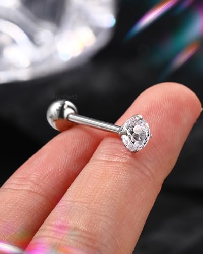 G23 Solid Titanium Tongue Ring Barbell 14G Firework CZ Bar Tongue Rings Surgical Steel Toungue Piercing - color: Silver