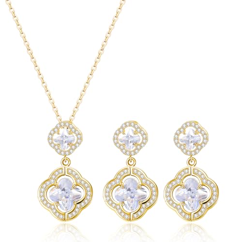 14K Gold Plated | 14K Platinum Plated Necklace for Women Necklace Earrings Set with Sparkling Zircon Inlay and Silver Post Earrings - color: Double floral necklace set silver