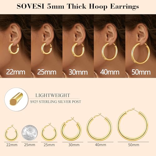 sovesi Chunky Hoop Earrings for Women, 14K Gold Plated Thick Hoops | 5mm Thick Hollow Tube Chunky Lightweight Hypoallergenic Hoop Earrings for Women - style: Gold and Silver 30MM