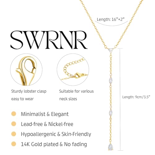 Lariat Necklace for Women, Dainty 14K Gold/Silver Plated Long Necklaces for Women Trendy Simple Layered Y-Shaped Pendant Necklace Adjustable Fashion Jewelry Gift - color: Gold, style: Four CZ Pendant