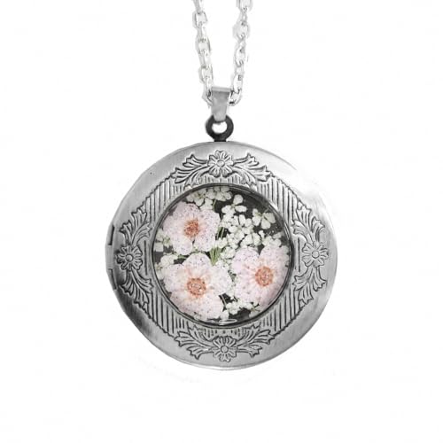 Handmade Oval Shaped Photo Locket with dried Pressed Flowers Locket pendant Necklace - style: Round Pink FoetgetmeNot-Silver