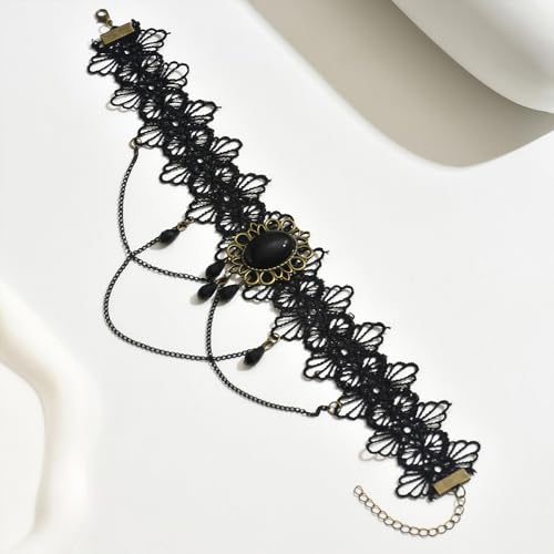 Gothic Lace Choker Necklace for Women, Pearl Sexy Tassel Adjustable Choker Necklace, Boho Halloween Jewelry for Festival Party Cosplay Costume Gifts - color: black Layered Chain Pendant