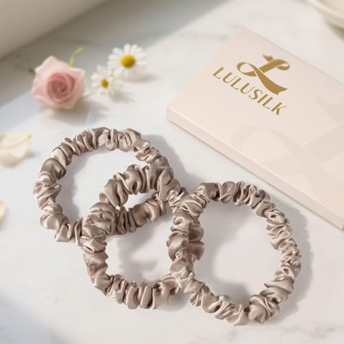 LULUSILK Small Silk Hair Ties No Damage, 100% Real Mulberry Silk, Skinny Scrunchies Ponytail Holders for Thin Fine Hair, Brown, Pack of 3 - color: Brown