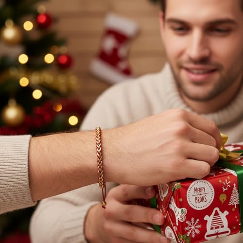 18K Gold-Plated Bracelets for Men Franco Link Chain Adjustable | Stainless Steel Bracelet, Gold Beads Bracelet, Handcrafted Braided, Mens Jewelry Birthday Gift for Men - color: Gold with Red