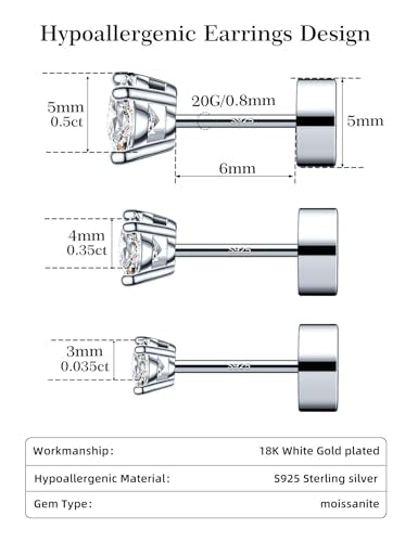 3 Pairs Moissanite Flatback Stud Earrings for Women, 925 Sterling Silver Hypoallergenic Flat Back Cartilage Earrings Set, 18K White Gold Plated - color: 18K White Gold, size: 3,4,5mm