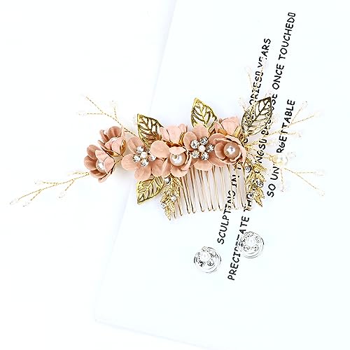 Cinaci 18 Pieces Bridal Wedding Party Prom Pearl Rhinestone Pink Flower Hair Side Combs Slides+U-shaped Flower Hair Pins+Twist Spiral Hairpins Floral Headpieces for Brides Bridesmaids Women Girls - color: Pink