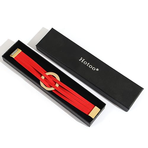 hotoo Circle Charm Bracelets for Women Handmade Leather Wrap Bracelets for Couples Friendship Bracelet Bohemian Cuff Bangle Boho Jewelry Gift - color: New Red