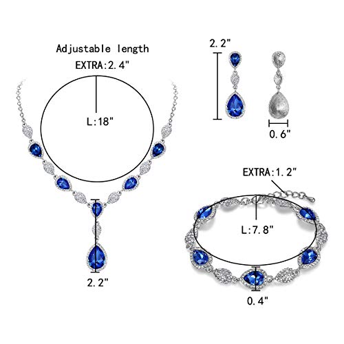 EleQueen Women's Wedding Bridal Jewelry Sets for Brides Bridesmaids, Cubic Zirconia Teardrop Necklace Tennis Bracelet Dangle Earrings Jewellery Set - color: 02-Sapphire Color Clear-Tone
