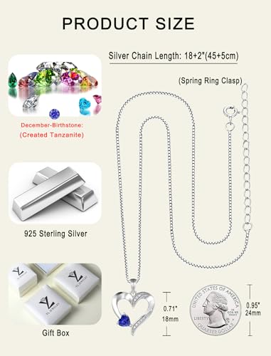 YL Heart Necklace 925 Sterling Silver Love Heart Pendant Birthstone Jewelry for Women - color: 12-tanzanite-Dec