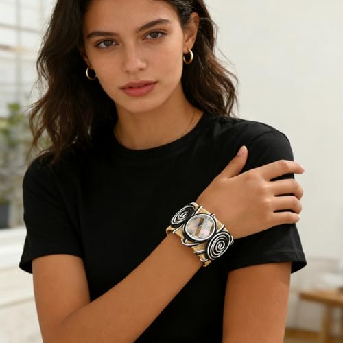 Chunky Cuff Bracelets for Women Wide Gold/Silver Cuffs Bangle Hollow Out Adjustable Bracelets Punk Vintage Jewelry - style: GRound B