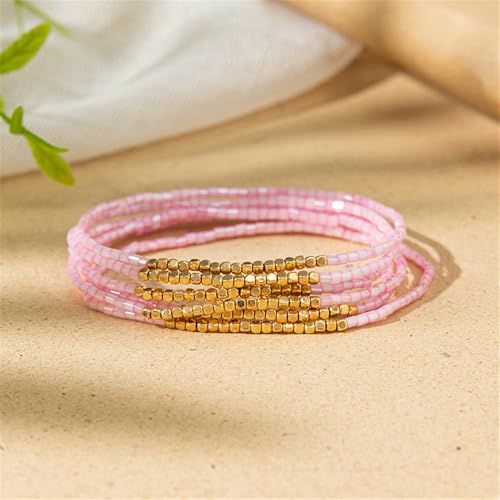 Boho Stackable Seed Beaded Bracelet Set for Women Colorful Multilayered Gold Beads Stretch Bracelets Summer Beach Bohemian Jewelry Gift - color: Pink