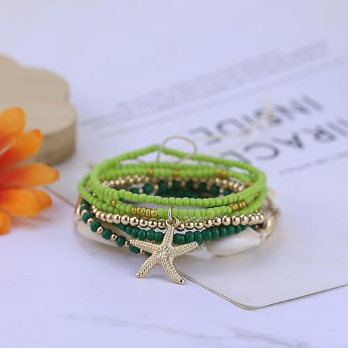 Bohemian Starfish Bracelets for Women - Adjustable Stackable Beach Bracelets, Handmade Stretchy Beaded Summer Jewelry, Perfect for Surf & Waterproof Fun - color: Green