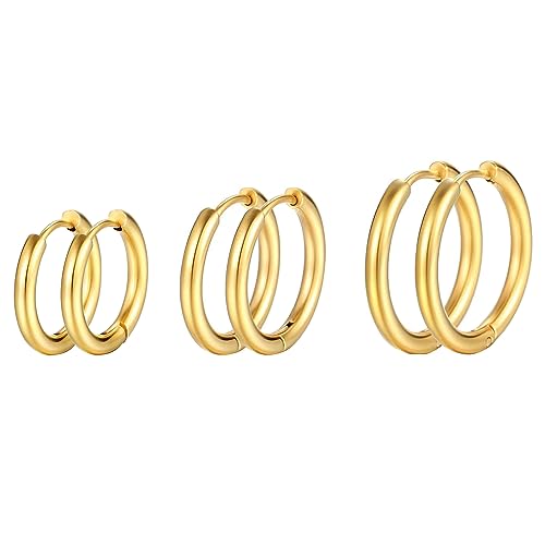 Silver Gold Hoop Earrings for Women Men, 316L Surgical Stainless Steel Huggie Hoop Earrings Set Hypoallergenic Small Cartilage Earrings Lightweight Hoop Earrings Huggie Set - color: Gold--8/10/12mm