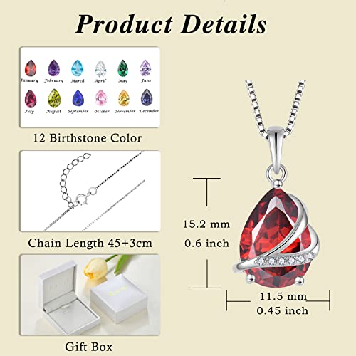 Birthstone Pendant Necklace 925 Sterling Silver Teardrop Jewelry for Women - color: Deep Red