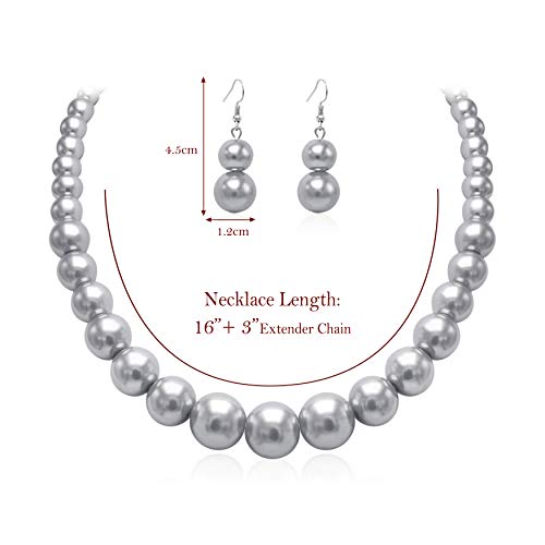 Cryshimmer Pearl Choker Necklace for Women Faux Pearl Beads Strand Necklace Earring Set Costume Jewelry,Gift for Wife Mother - color: Gray