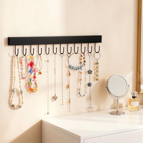 4Pack Necklace Organizer Wall Mount,Jewelry Hanger Wall Organizers | with 48 Hooks, for Necklaces, Bracelets, Earrings, Hanging, Black