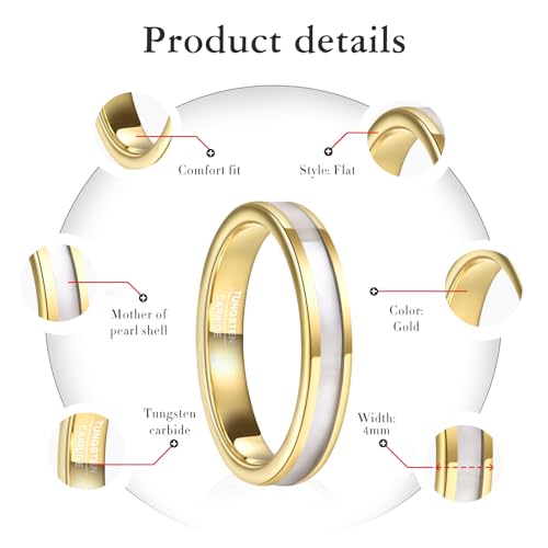 Vakki 4mm 6mm Womens Rose Gold Tungsten Carbide Ring with Mother of Pearl Shell/Marble Inlaid Wedding Band Comfort Fit Size 5-12 - color: C-4mm-Mother of Pearl & Gold