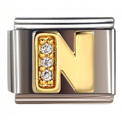9MM Diamond Golden Letter Charm for Italian Charm Bracelet,DIY Italian Module Chain for Women - style: Letter-N