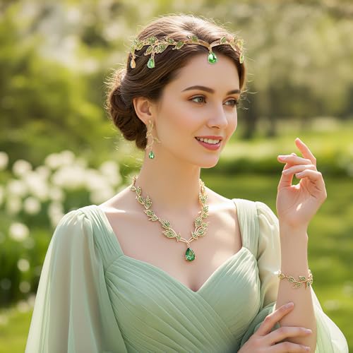 Wedding Jewelry Set for Women, Rhinestone Leaf Tiara Headband Crown Necklace Earrings Bracelet for Women - color: Gold,Green