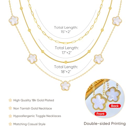 MPRAINBOW Gold Layered Necklace for Women - 3Pcs 18K Gold Plated Floral Necklaces, Stainless Steel Stackable Cuban Link Chain Non Tarnish Trendy Jewelry, Herringbone Chains Christmas Birthday Gifts - color: White 01