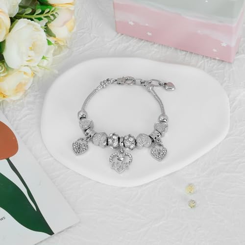 Silver Cross Heart Glass Bead Snake Charm Bracelet Jewelry Gifts for Women | Elegant Bracelet with Heart Beads, Silver Cross and Snake Chain Design, Stylish Daily Jewelry, Ideal Birthday Gift for Ladies