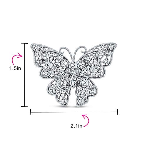 Bling Jewelry Large Statement Crystal Accent Yellow Orange Golden Aqua Blue Black Clear Garden Dragonfly Firefly Fluttering Filigree Butterfly Brooch Scarf Pin For Women And Teens Silver Gold Plated - color: Clear