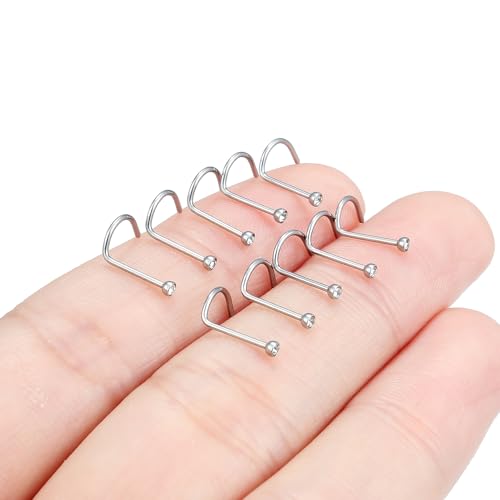 Hoeudjo Nose Studs Surgical Steel Cubic Zirconia Nose Rings Kit for Women Men Tiny Nose Stud Bone & Screw & L Shaped Nostril Piercing Jewelry 18/20/22/24 Gauge 10 Pieces - color: silver-tone,screw nose studs, size: 22g/1.5mm clear CZ