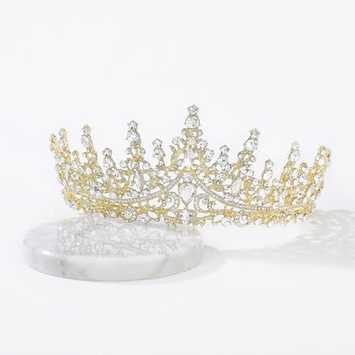 SWEETV Crystal Wedding Tiara for Women, Royal Queen Crown Headband, Rhinestone Princess Hair Accessories for Prom Birthday - color: 1.Gold-Tone
